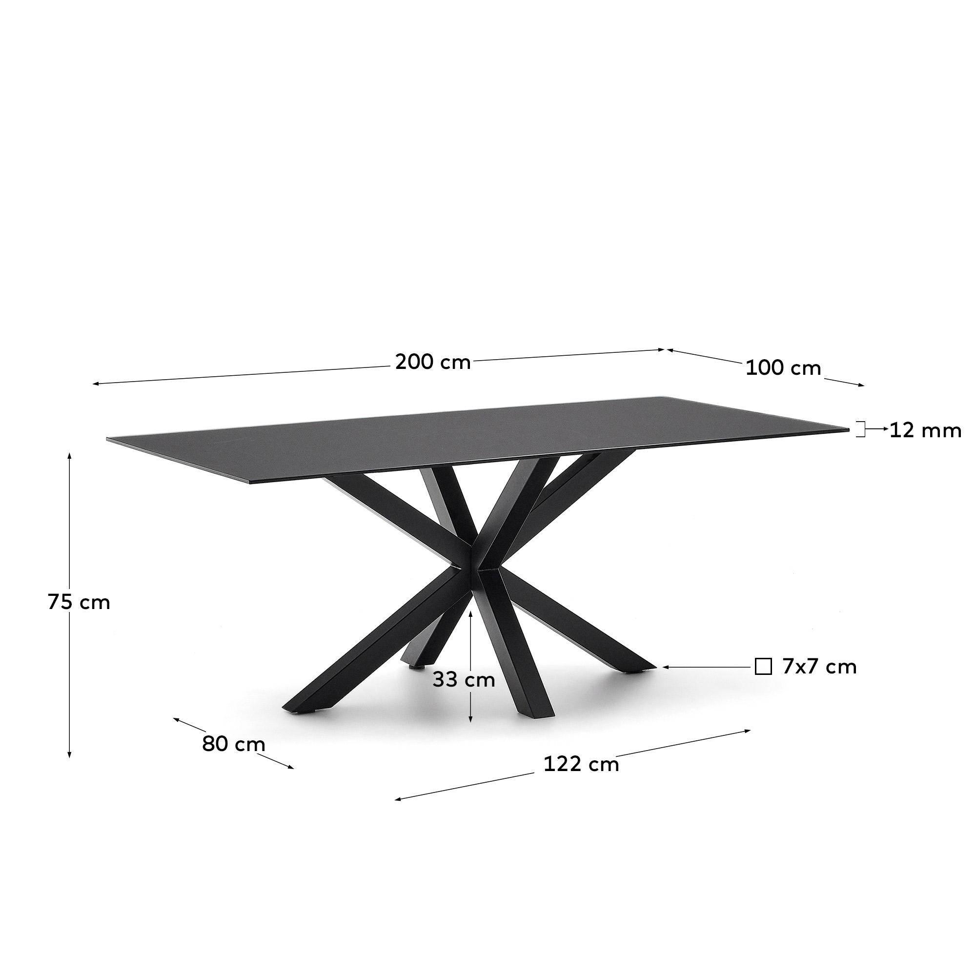 Стол La Forma Argo 200x100 черные стальные ножки столешница из черного стекла 181395